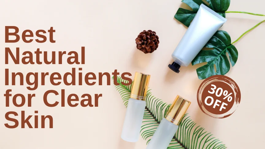A flat-lay of natural ingredients for clear skin including aloe vera leaves, turmeric powder, and raw honey.