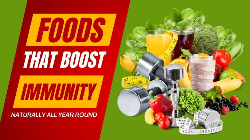 A variety of colorful foods that boost immunity including citrus, garlic, and leafy greens.