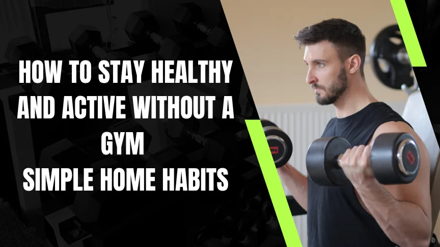 A person practicing home fitness tips by doing bodyweight squats in a bright living room to stay healthy without a gym