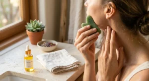 A person practicing a relaxing home skincare ritual to experience the physical benefits of facial massage.
