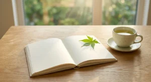 A journal open on a wooden table surrounded by green plants, representing a journey to cultivate a growth mindset.