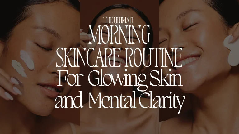 A calm morning routine for glowing skin setup featuring a glass of water, a journal, and natural skincare products in soft sunlight.