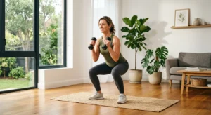 A woman performing a strength workout at home to highlight strength training for longevity.