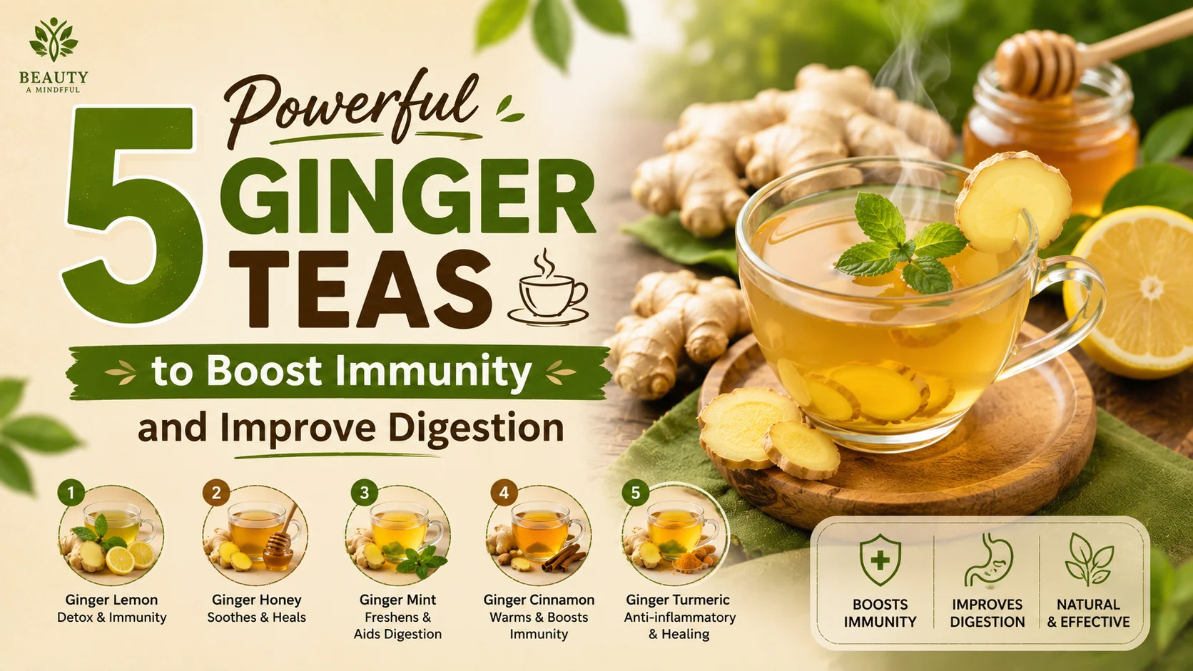 A steaming mug of herbal ginger tea surrounded by lemon slices and fresh raw ginger root on a rustic table.