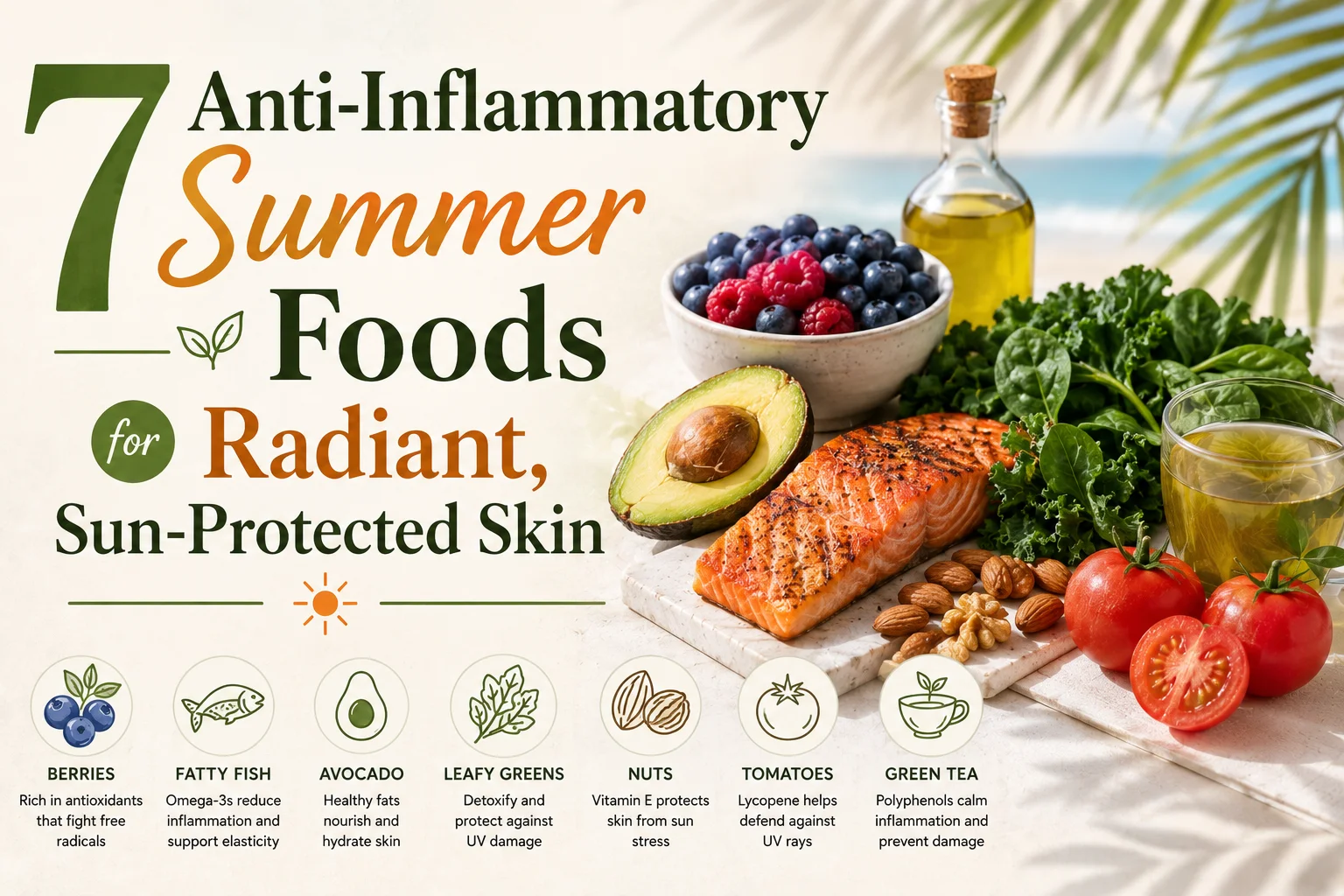 A colorful spread of refreshing anti inflammatory foods for skin protection on a bright summer day.
