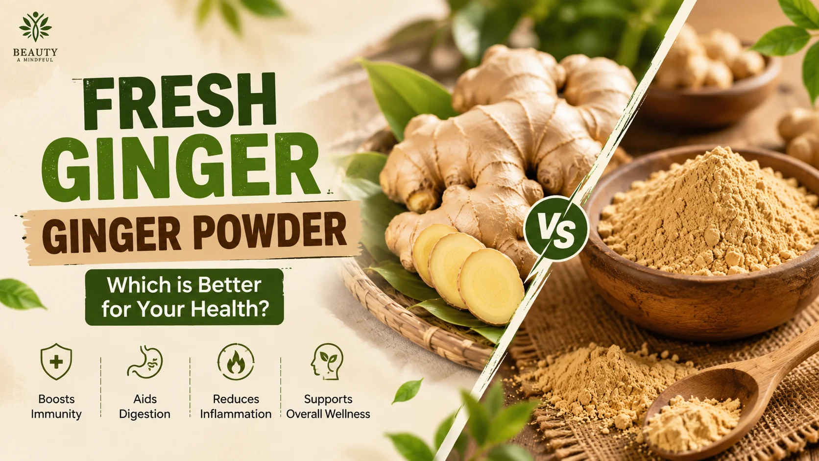 A comparison layout showing raw fresh ginger vs ginger powder spice on a wooden table for holistic health benefits.