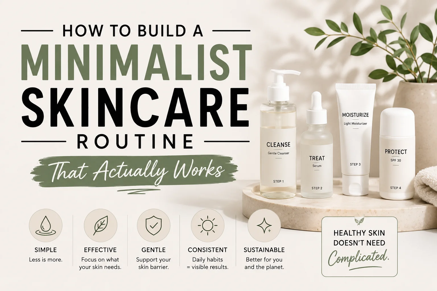 A beautifully streamlined vanity showcasing a minimalist skincare routine with clean natural products.