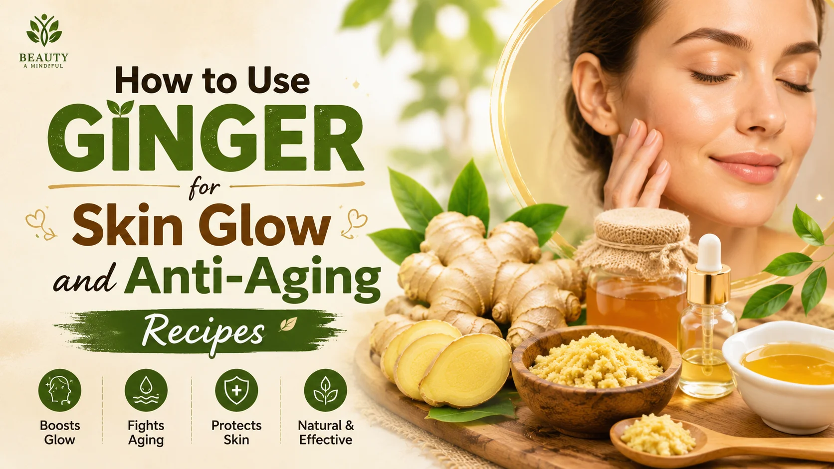 A natural anti aging remedies setup featuring fresh ginger slices, organic honey, and a glowing skin serum bottle.