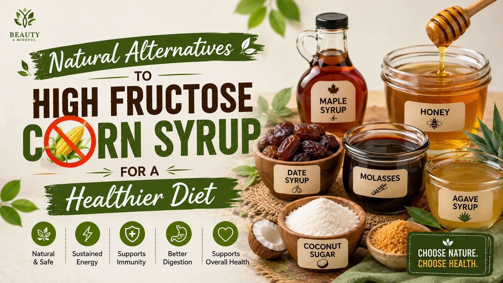An assortment of healthy sugar alternatives including raw organic honey, pure maple syrup, and stevia leaves on a clean counter.