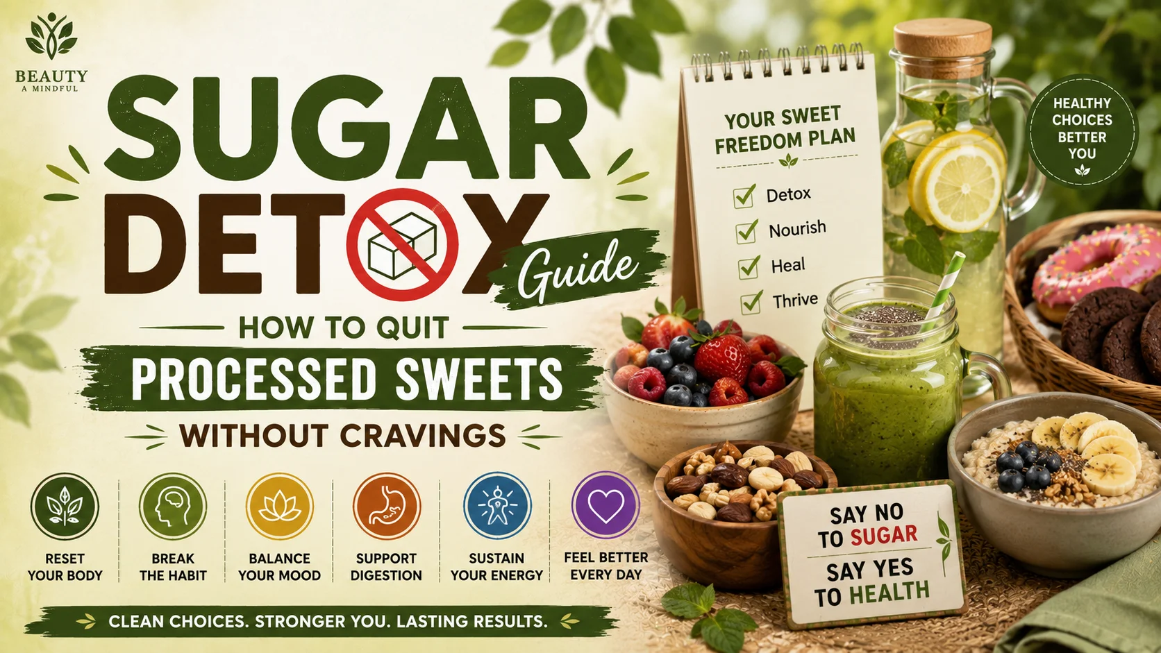 A clean wellness counter layout focusing on how to quit sugar safely using natural lifestyle habits.