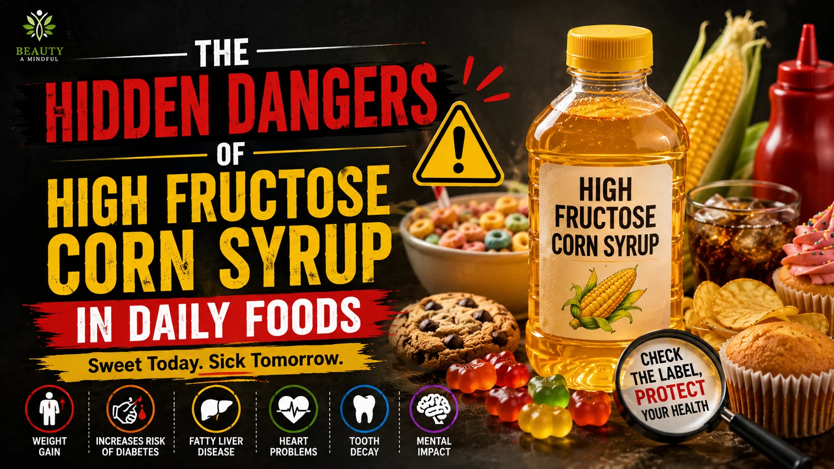 A bottle of processed condiment sitting next to packaged items containing high fructose corn syrup and hidden sugars in food.