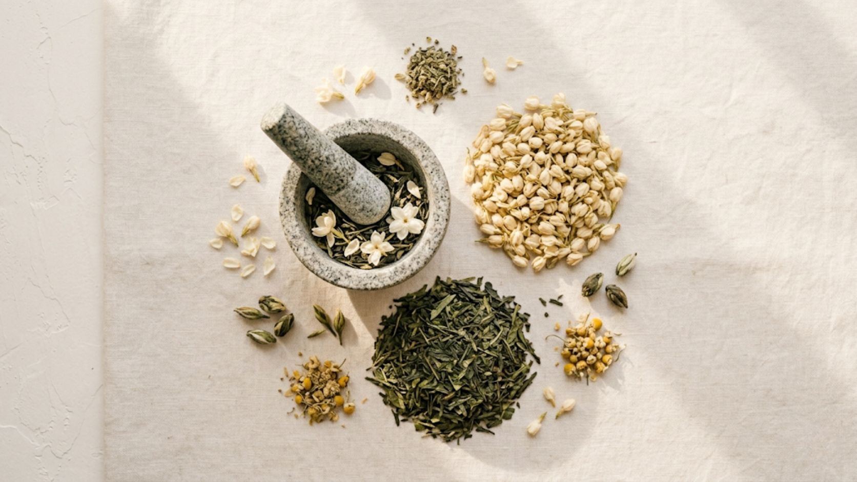 An array of clean organic ingredients used by a holistic skincare expert to curate custom beauty regimens.