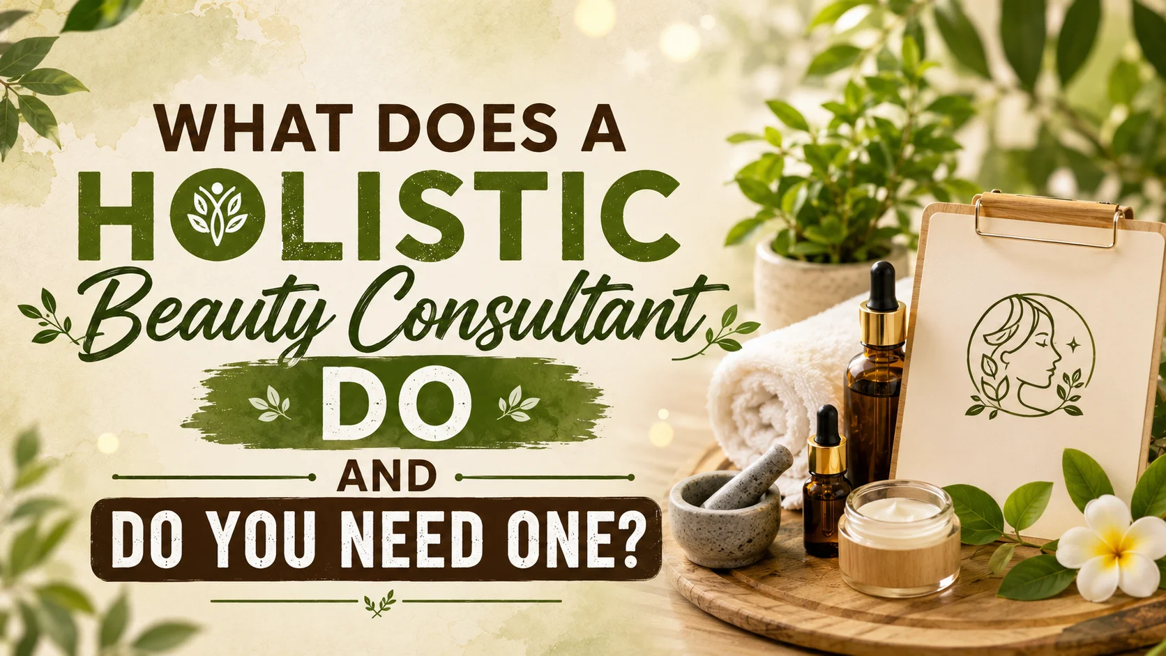A professional beauty consultant offering personalized advice on natural skincare routines in a modern spa.