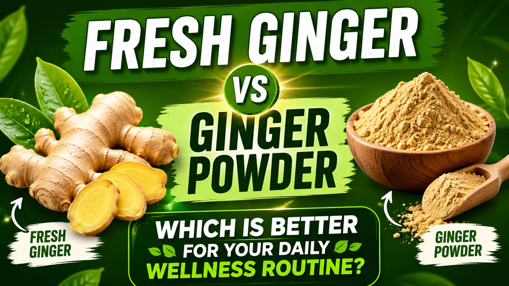 A comparative layout of raw organic root and dried spice illustrating fresh ginger vs ginger powder.