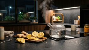 Preparing an organic detox drink for weight loss at night to soothe the digestive system.