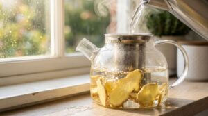 Steeping fresh ginger root to release active compounds that soothe the nervous system.