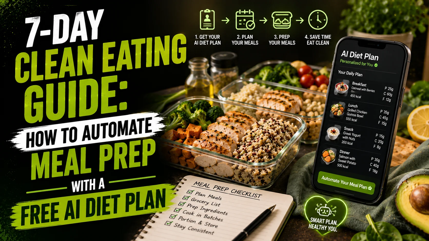 Free AI diet plan interface showcasing a clean eating 7-day automated meal prep layout