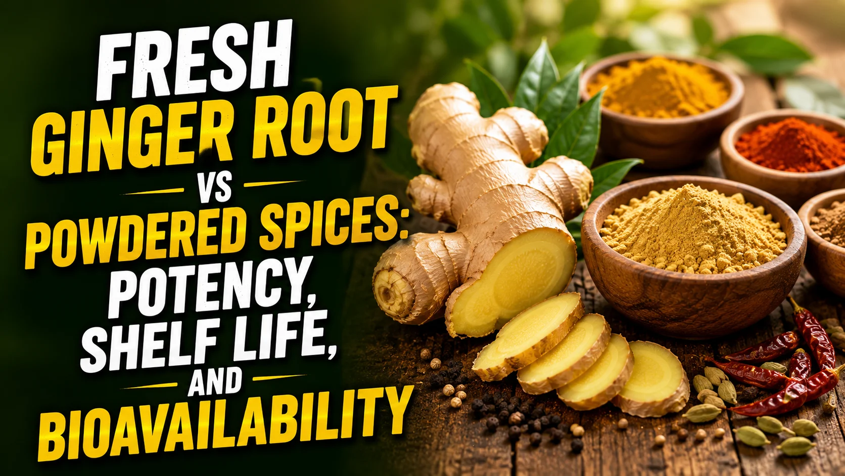 Fresh ginger vs ginger powder displayed on a wooden board highlighting ginger root bioavailability