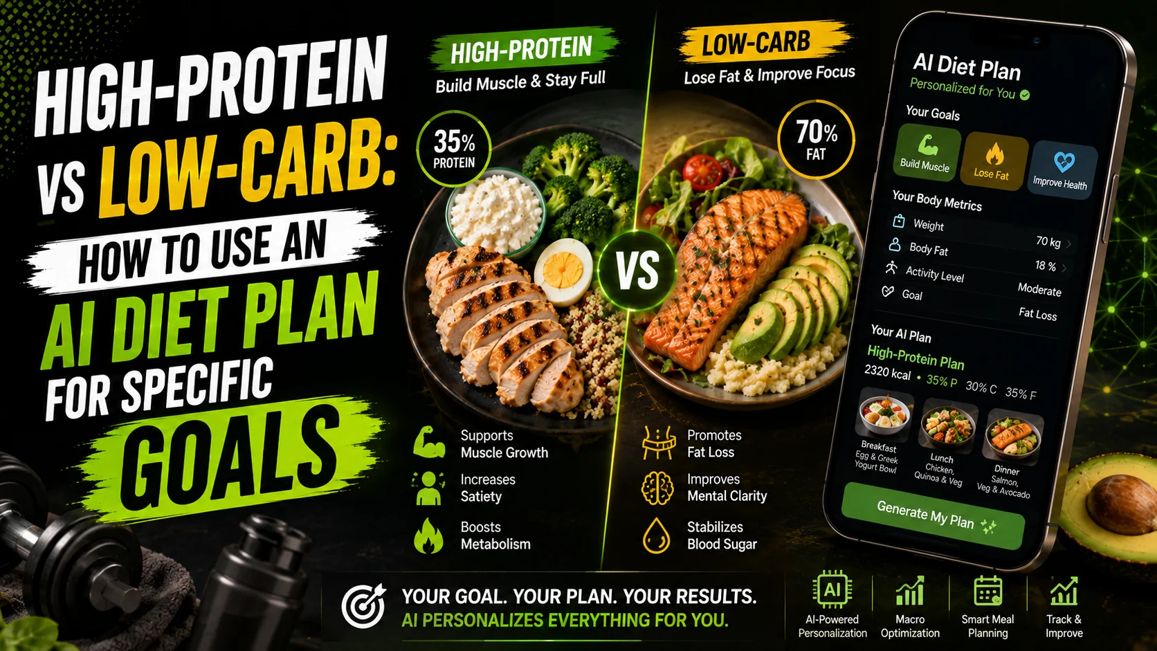 AI diet plan interface displaying a custom high protein diet macro split comparison