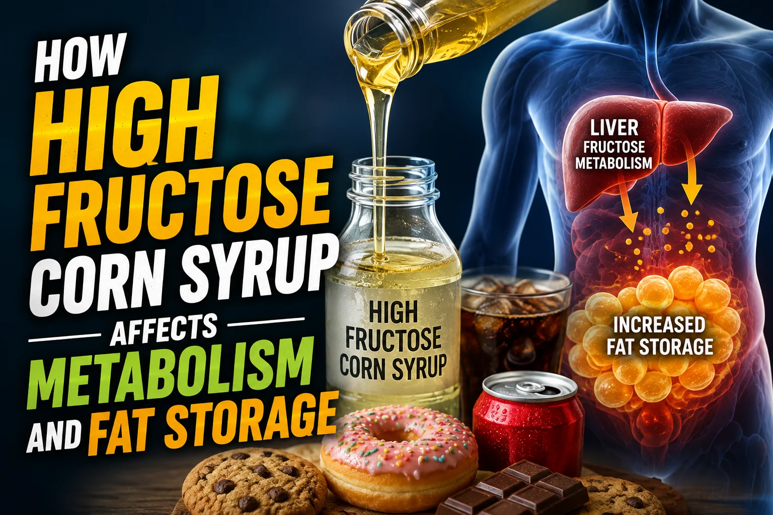 High fructose corn syrup bottles and processed foods highlighting metabolic health risks and hidden sugars in food