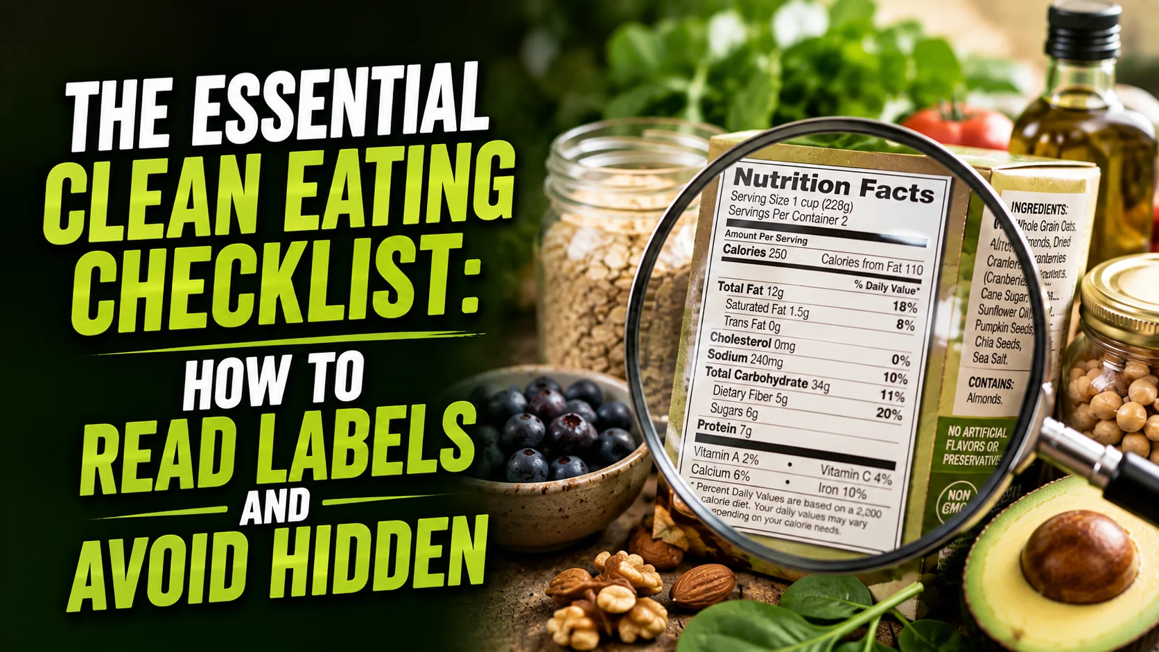 A clean eating guide layout showcasing fresh whole foods and label reading for hidden toxins