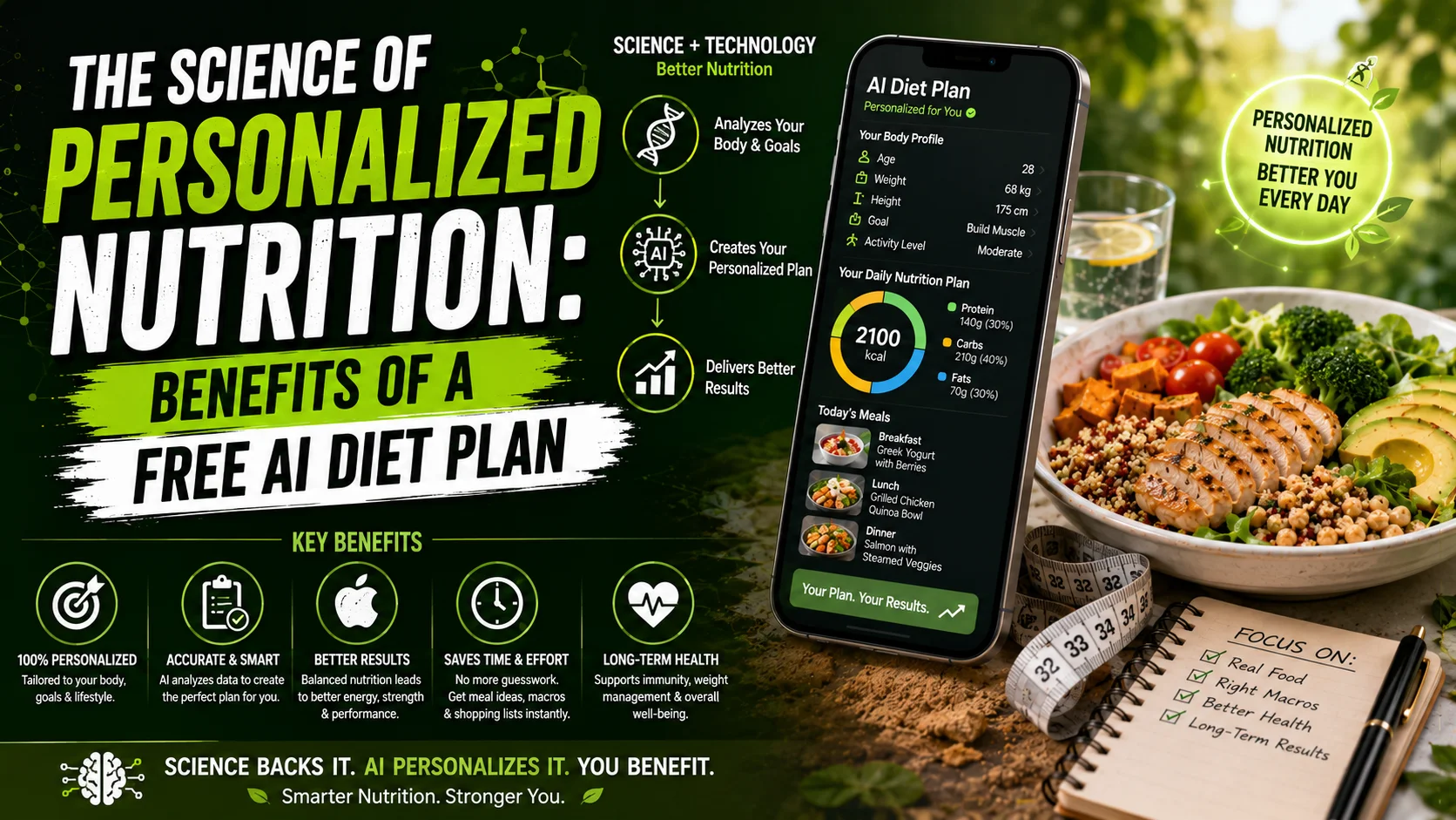 Free AI diet plan interface showing personalized nutrition charts and a customized digital diet report