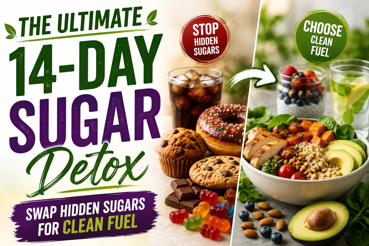 Fresh whole foods display showcasing the 14 day clean eating challenge to eliminate hidden sugars in food