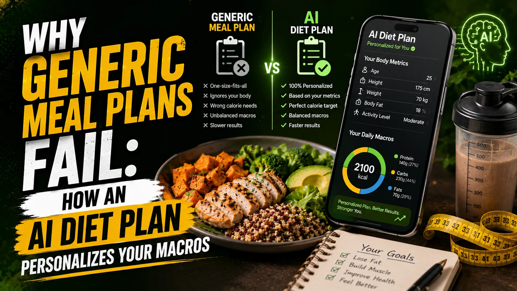 AI diet plan system interface analyzing body metrics and custom meal plan generator charts