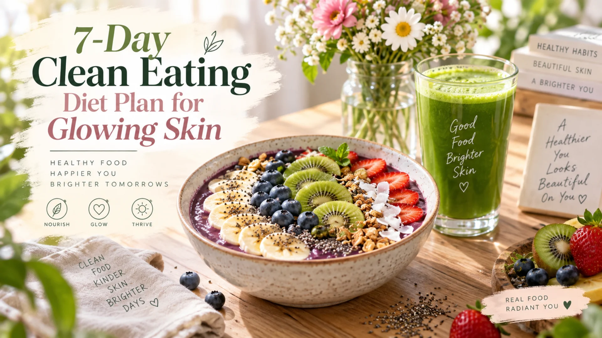 Vibrant acai fruit bowl and fresh green tea for a clean eating free diet plan