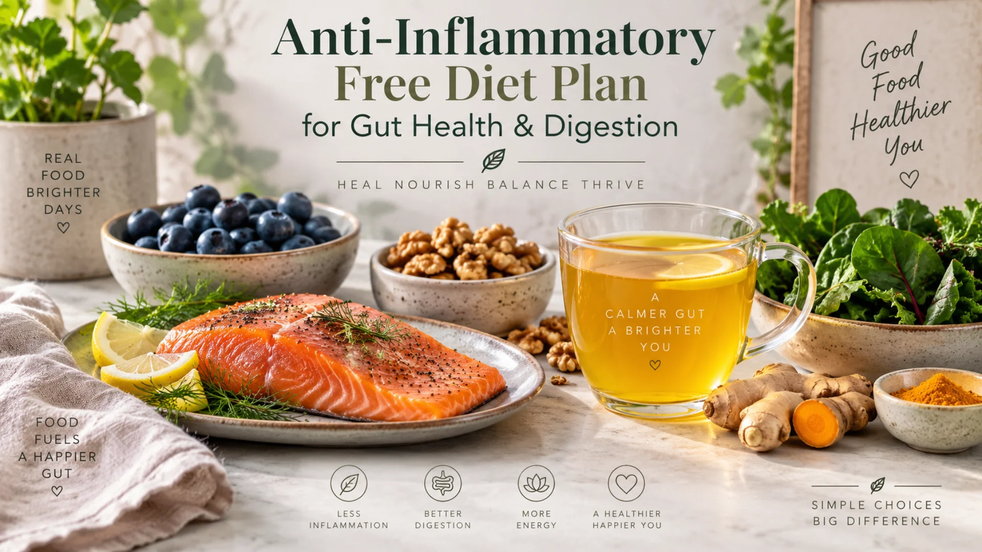 Anti-inflammatory meal prep featuring berries, turmeric, and leafy greens for a free anti inflammatory diet plan