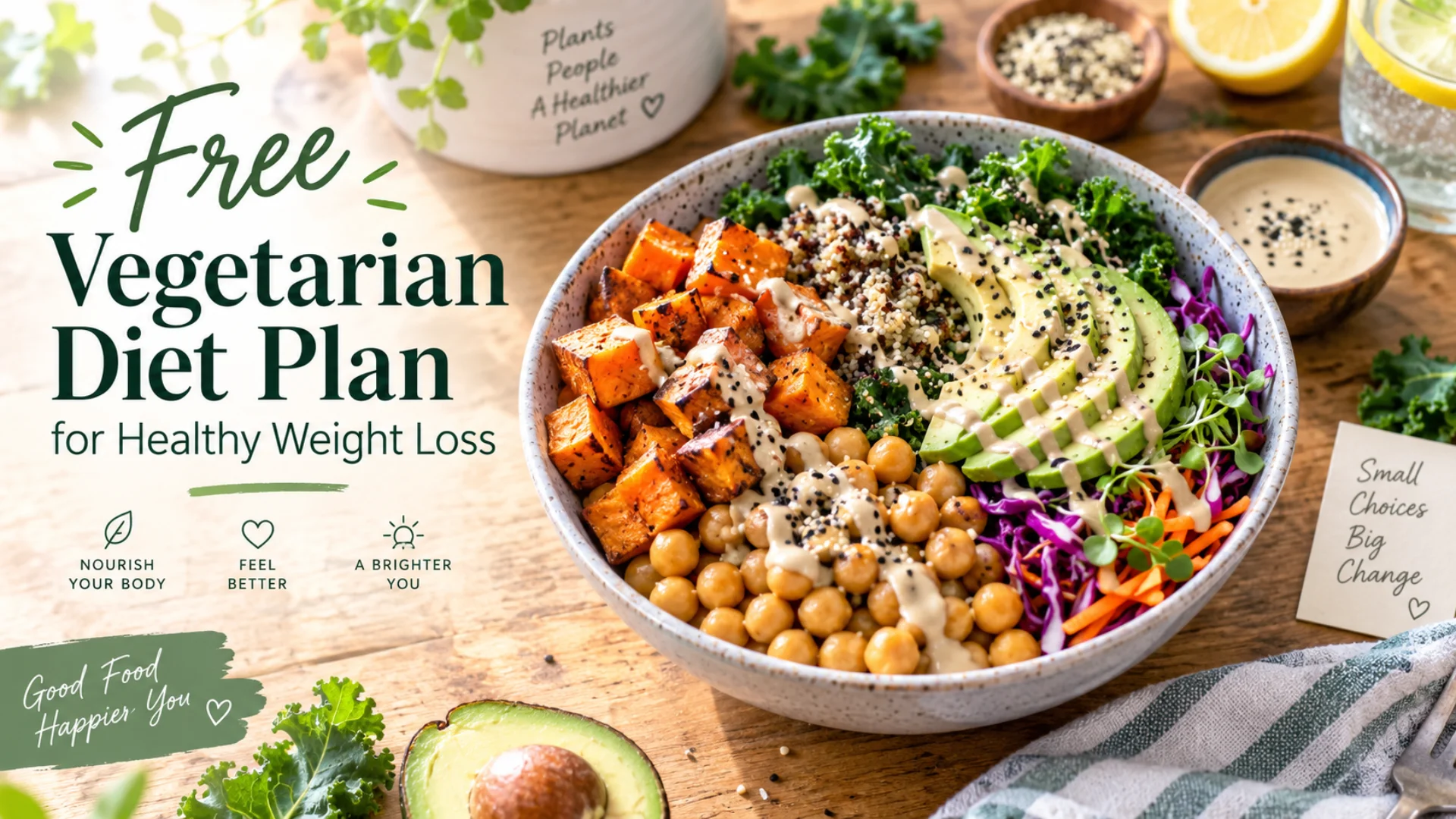 Colorful plant based meal prep bowl for a free vegetarian diet plan