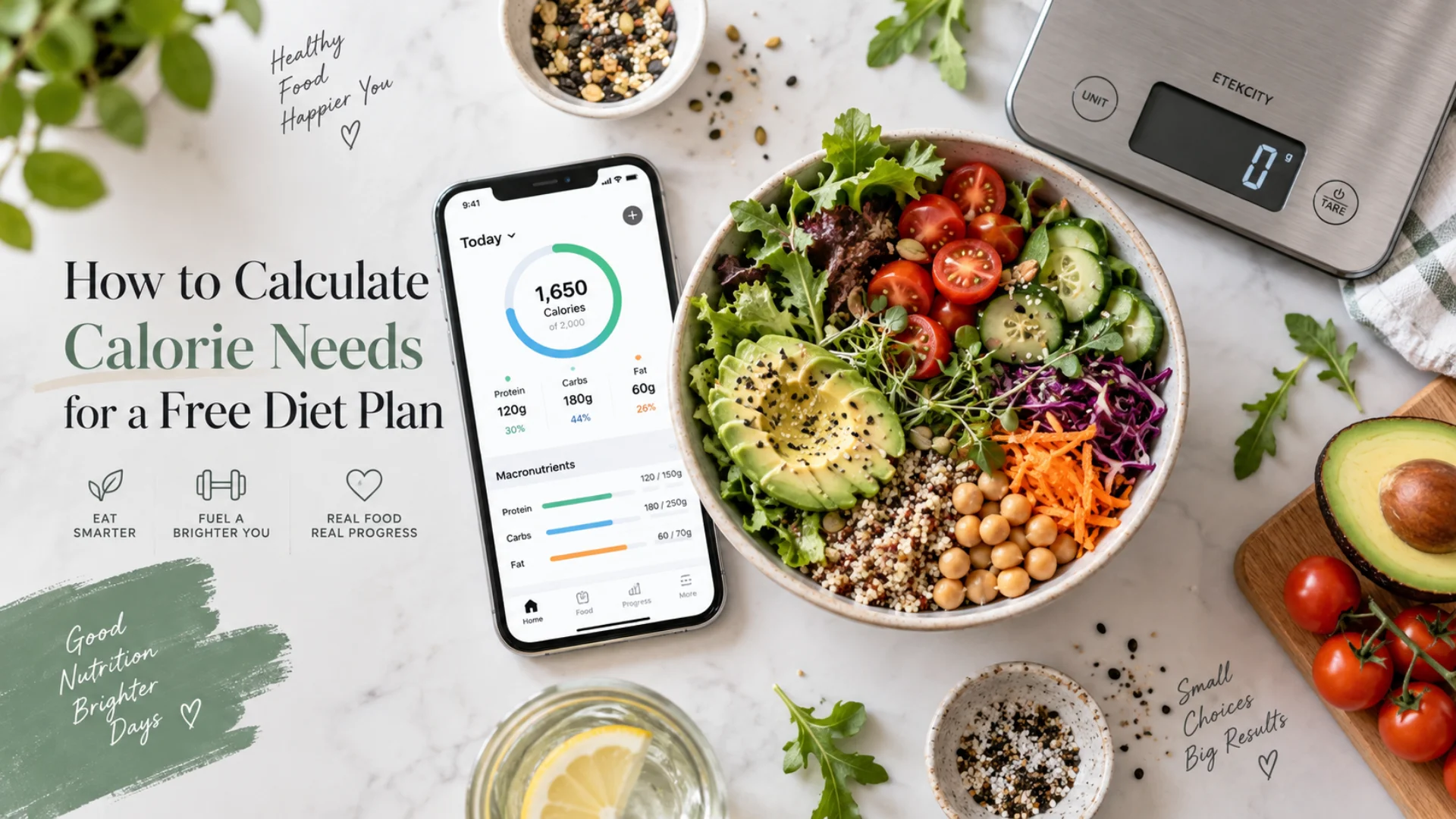 Calculator, measuring tape, and healthy food for a free diet plan