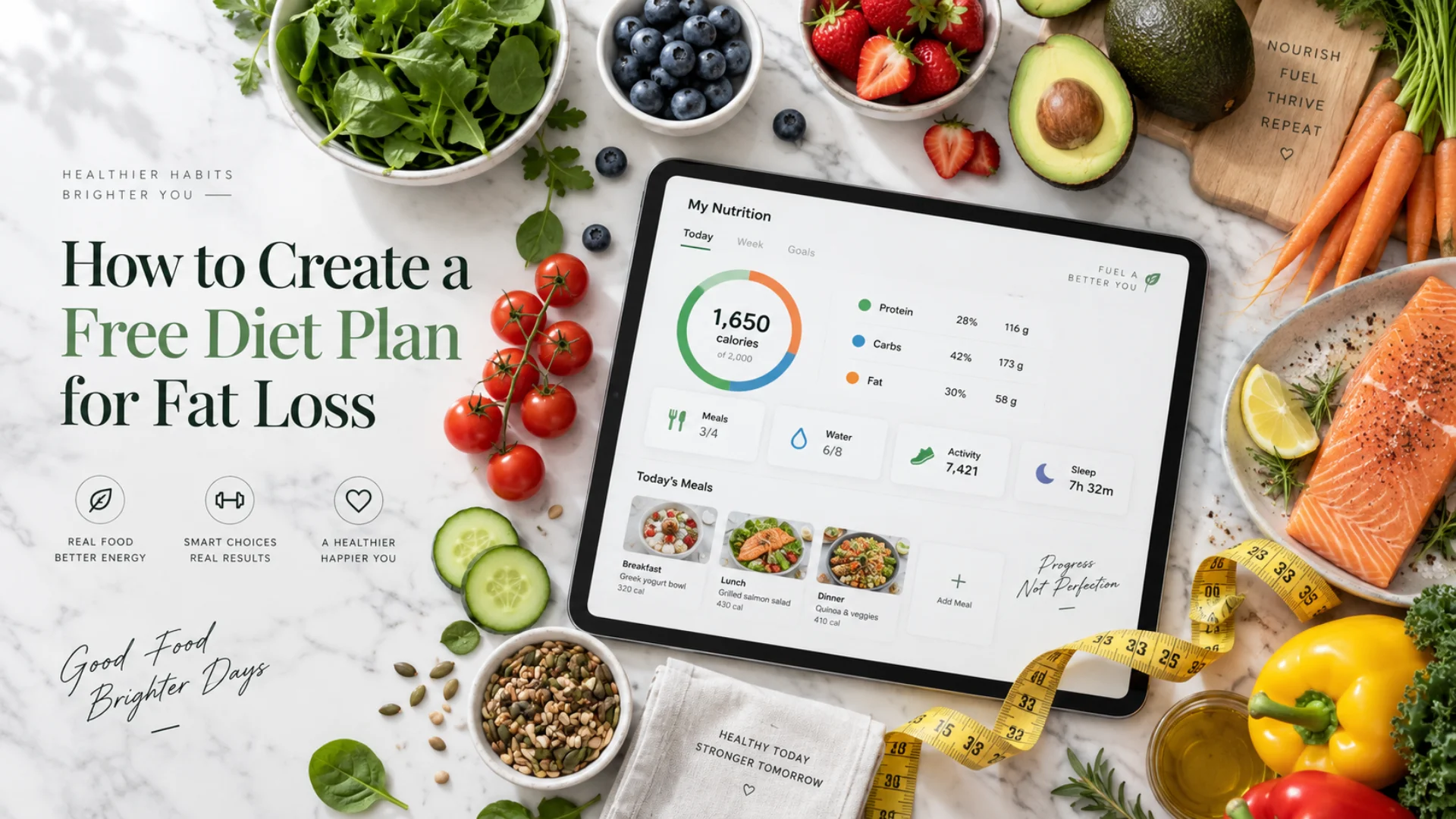 Balanced food layout for a free diet plan for fat loss