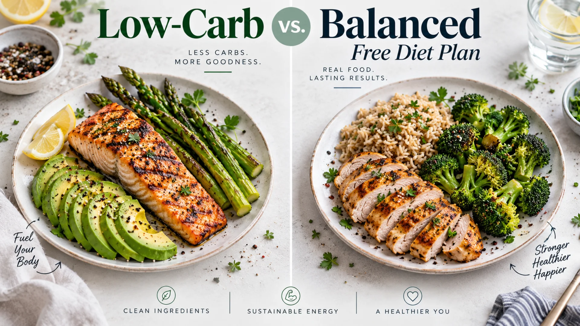 Low-carb vs balanced food comparison layout for a free low carb diet plan