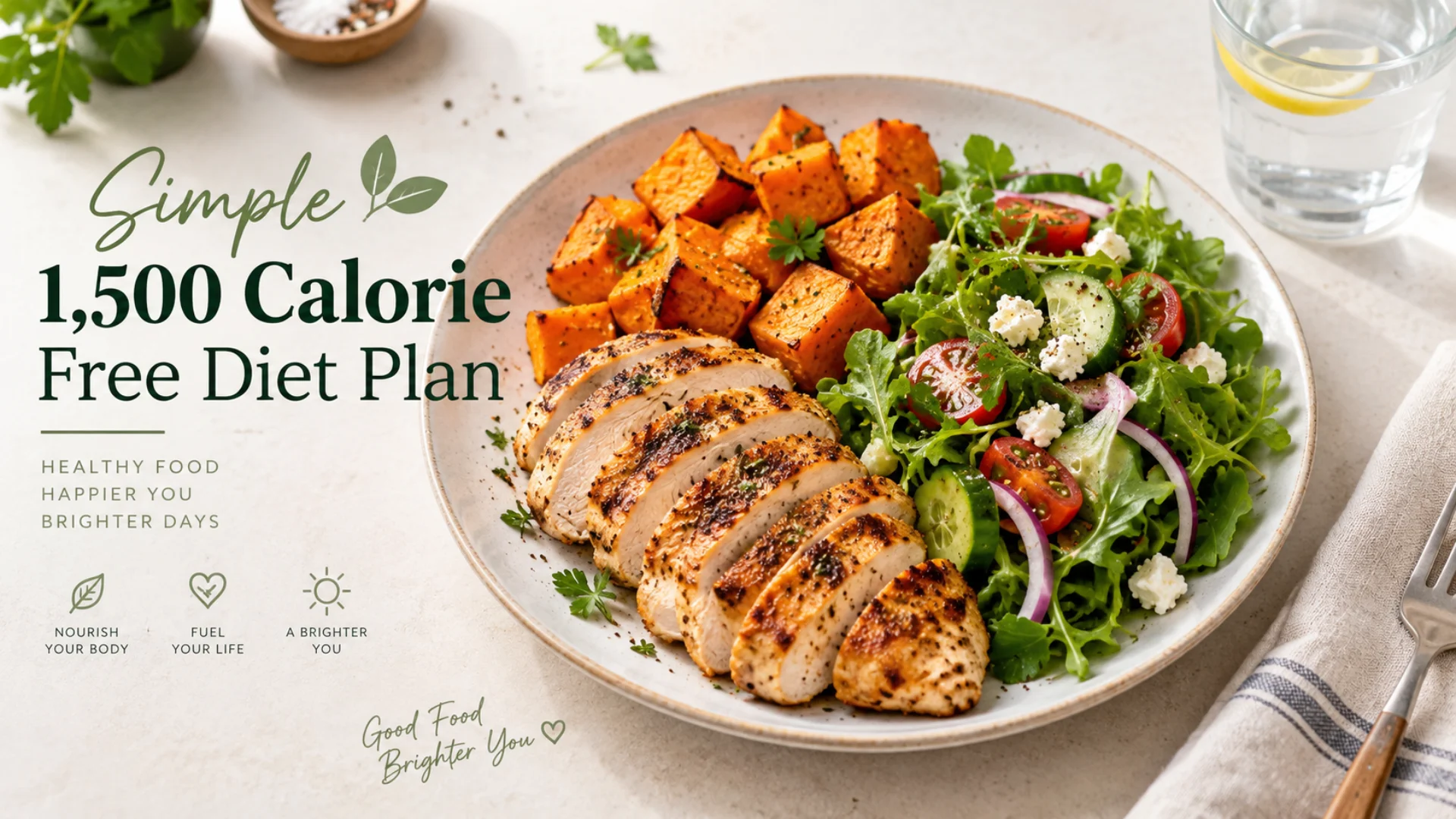 Balanced food arrangement for a 1500 calorie free diet plan for beginners