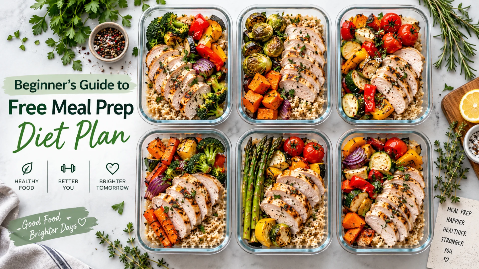 Glass meal prep containers arranged neatly for a free meal prep diet plan